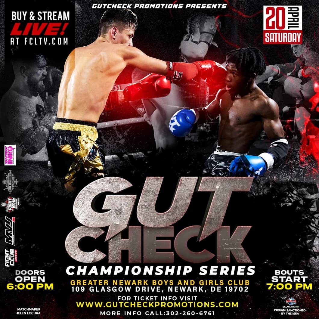Official fight event poster for Gut Check Championship Series - Muay Thai & Kickboxing | April 20, 2024